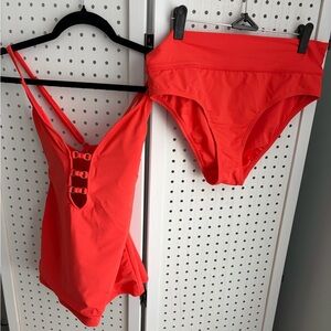 Vibrant Orange Tankini Swimsuit Top  and High-Waisted Bottoms
